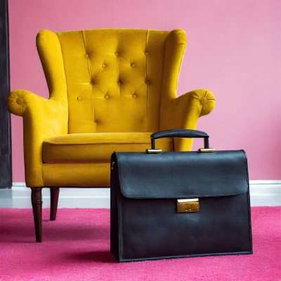 Firefly Place a black briefcase on a pink floor in front of a bright pink wall. In the background is